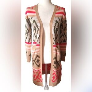 No Boundaries‎ Tan Open-Front Tribal Cardigan with Pink Accents
